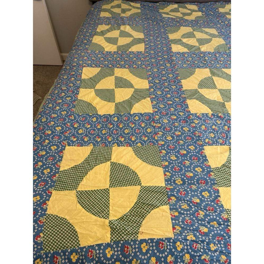 Patchwork Geometric Patchwork Quilt TOP / Tablecloth "Blue/Yellow - Queen Size - Picture 2 of 5